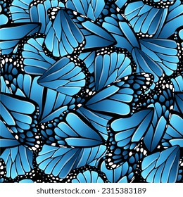 Hermosas alas de mariposa con un patrón impecable. Magnífico insecto de color azul sobre fondo negro. Ilustración vectorial de mariposas dibujadas a mano para textiles, tejidos, papel pintado, diseños de impresión