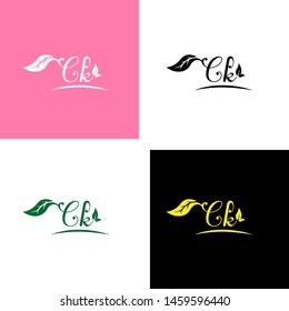 Beautiful C K letters with leaf. Handwriting, Signature, wedding, fashion, boutique, jewelry, botanical , floral logo creative Vector logo Design template