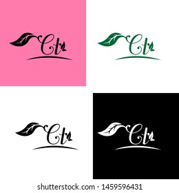 Beautiful C T letters with leaf. Handwriting, Signature, wedding, fashion, boutique, jewelry, botanical , floral logo creative Vector logo Design template