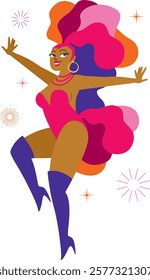 Beautiful cabaret dancer. Carnival showgirl dancing wearing colorful feather costume. Flat vector character
