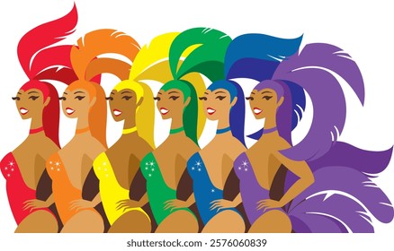 Beautiful cabaret dancers in a colorful carnival feather costumes. Flat vector illustration
