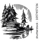 Beautiful Cabin By A Lake - Retro Clip Art Illustration