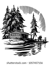 Beautiful Cabin By A Lake - Retro Clip Art Illustration