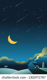 Beautiful cabin hut on the hills in the night scene beautiful vertical Nature landscape with stars comet and moon on  sky background Vector texture style illustration