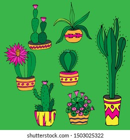 Beautiful cacti on a green background. Drawn by hand. Set of flowers for textile, gift paper, scrapbooking.