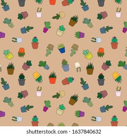 beautiful cacti plants in housing succulent. hand made cartoonish pattern for textile, wallpaper, textile etc.