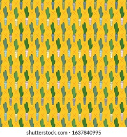 beautiful cacti plants in housing succulent. hand made cartoonish pattern for textile, wallpaper, textile etc.
