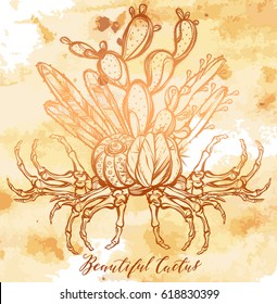 Beautiful cactus with bones. Vector illustration.  Handmade. Tattoos, prints on T-shirts, postcard for you, background beige