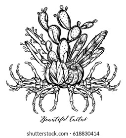 Beautiful cactus with bones. Vector illustration.  Handmade. Tattoos, prints on T-shirts, postcard for you, background white