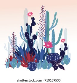Beautiful  Cactus collection. Sketchy style illustration. Succulent set. Vector illustration in pink background.