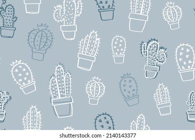 Beautiful cactus drawings. Nature style plants. Seamless pattern repeating texture background design. For fashion graphics, textile prints, fabrics, wallpapers.