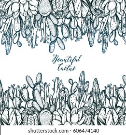Beautiful cactus. Vector illustration. Set of plants. Handmade. Tattoos, prints on T-shirts, postcard for you, Dark green blue color, background white