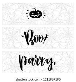 Beautiful cads of spider webs and spiders. Beautiful background for Halloween party. Hallowen pumpkin, Boo, party hand written quotes.