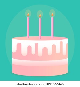 Beautiful cake with burning candles. Vector illustration in flat cartoon style