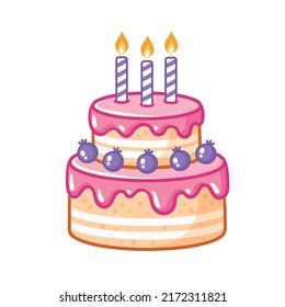 Beautiful cake with candles on a white background. Cute vector illustration with a cake in cartoon style.