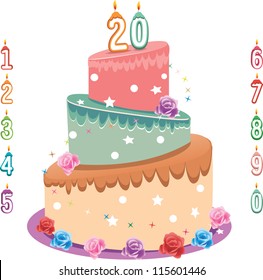 beautiful cake and digital candles isolated on white background