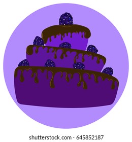 Beautiful cake with mastic and blackberries vector illustration. Tasty puff festive purple cake with berries. Greeting card birthday wedding or celebration, cafe confectionery