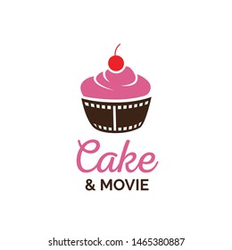 Beautiful Cake With Red Cherry And Reel Film Cup Cinema Cafe Logo Design