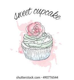 Beautiful cake. Vector illustration for a card or poster. Package or menu cover. Vintage and watercolor.
