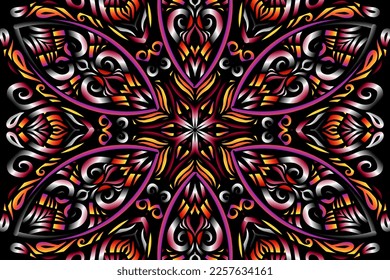 Beautiful caleidoscope colourful gradient flowers line art of traditional abstract symbol batik dayak ornament design template elements
