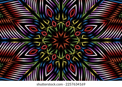 Beautiful caleidoscope colourful gradient flowers line art of traditional abstract symbol batik dayak ornament design template elements
