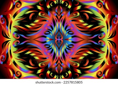 Beautiful caleidoscope colourful gradient flowers line art of traditional abstract symbol batik dayak ornament design template elements
