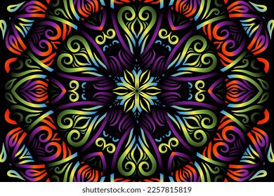 Beautiful caleidoscope colourful gradient flowers line art of traditional abstract symbol batik dayak ornament design template elements
