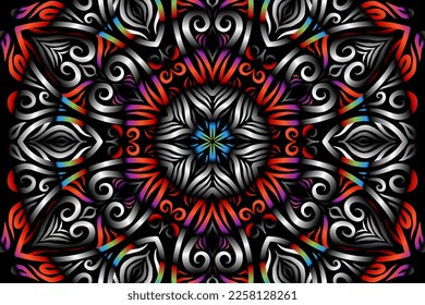 Beautiful caleidoscope colourful gradient flowers line art of traditional abstract symbol batik dayak ornament design template elements
