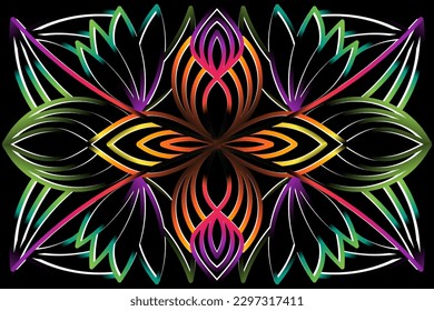Beautiful caleidoscope colourful gradient flowers line art of traditional background batik dayak ornament design template elements