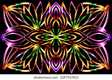 Beautiful caleidoscope colourful gradient flowers line art of traditional background batik dayak ornament design template elements