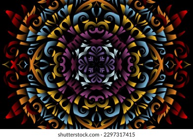 Beautiful caleidoscope colourful gradient flowers line art of traditional background batik dayak ornament design template elements