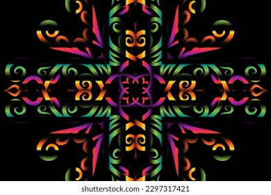 Beautiful caleidoscope colourful gradient flowers line art of traditional background batik dayak ornament design template elements
