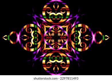Beautiful caleidoscope colourful gradient flowers line art of traditional background batik dayak ornament design template elements