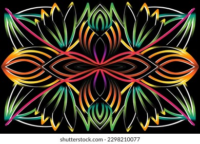 Beautiful caleidoscope colourful gradient flowers line art of traditional background batik dayak ornament design template elements