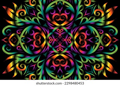 Beautiful caleidoscope colourful gradient flowers line art of traditional background batik dayak ornament design template elements
