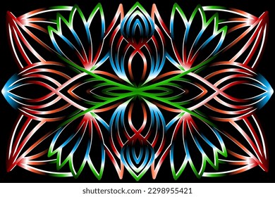 Beautiful caleidoscope colourful gradient flowers line art of traditional background batik dayak ornament design template elements