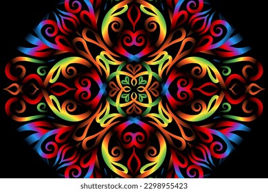 Beautiful caleidoscope colourful gradient flowers line art of traditional background batik dayak ornament design template elements