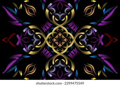 Beautiful caleidoscope colourful gradient flowers line art of traditional background batik dayak ornament design template elements