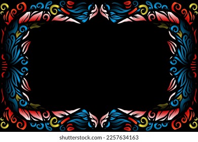 Beautiful caleidoscope frame colourful gradient flowers line art of traditional abstract symbol batik dayak ornament design template elements
