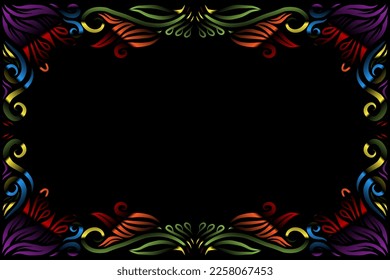 Beautiful caleidoscope frame colourful gradient flowers line art of traditional abstract symbol batik dayak ornament design template elements
