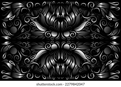 Beautiful caleidoscope symmetrical Black and white gradient flowers line art of traditional background batik dayak ornament design template elements