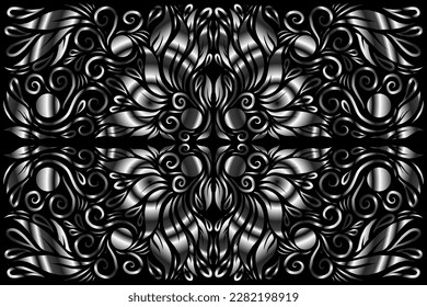 Beautiful caleidoscope symmetrical Black and white gradient flowers line art of traditional background batik dayak ornament design template elements