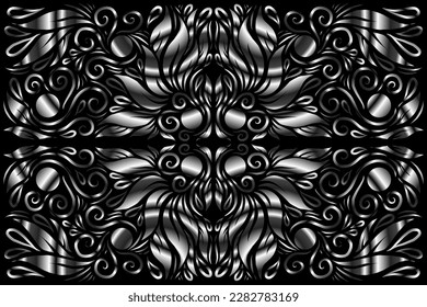 Beautiful caleidoscope symmetrical Black and white gradient flowers line art of traditional background batik dayak ornament design template elements