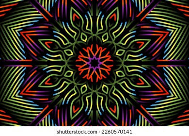 Beautiful caleidoscope symmetrical colourful gradient line art of traditional abstract symbol batik dayak ornament design template elements