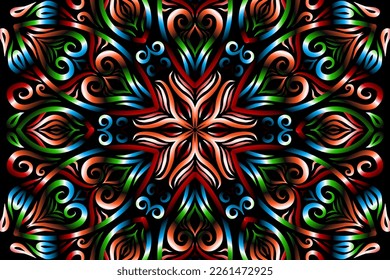 Beautiful caleidoscope symmetrical colourful gradient line art of traditional abstract symbol batik dayak ornament design template elements