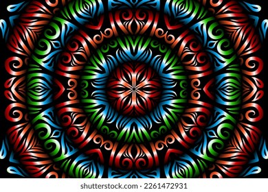 Beautiful caleidoscope symmetrical colourful gradient line art of traditional abstract symbol batik dayak ornament design template elements