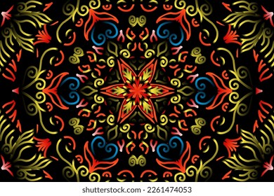 Beautiful caleidoscope symmetrical colourful gradient line art of traditional abstract symbol batik dayak ornament design template elements