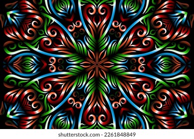 Hermoso caleidoscopio gradiente simétrico colorido arte de la línea de diseño tradicional de símbolo abstracto batik dayak ornament