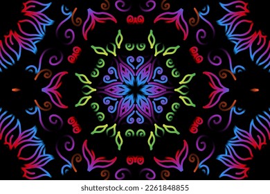 Hermoso caleidoscopio gradiente simétrico colorido arte de la línea de diseño tradicional de símbolo abstracto batik dayak ornament