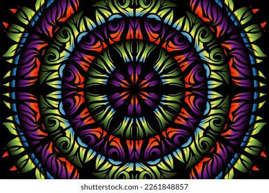 Beautiful caleidoscope symmetrical colourful gradient line art of traditional abstract symbol batik dayak ornament design template elements